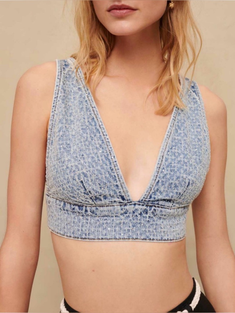 Maje Light Blue Denim-Effect Deep V Crop Top
